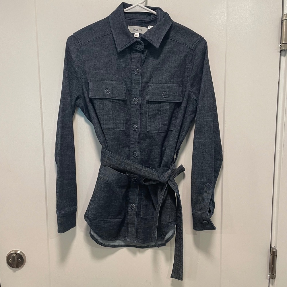 Level 99 Women Indigo Denim Utility Shirt Jacket Belted Dark Wash XS
